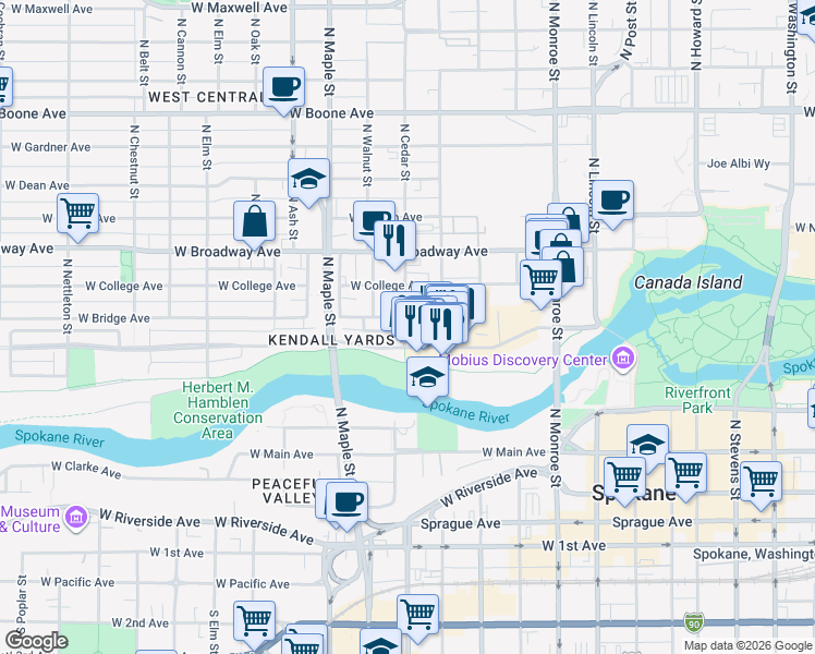 map of restaurants, bars, coffee shops, grocery stores, and more near 500 N Cedar St in Spokane