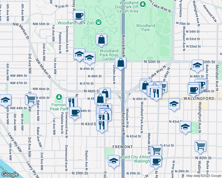 map of restaurants, bars, coffee shops, grocery stores, and more near 720 North 46th Street in Seattle