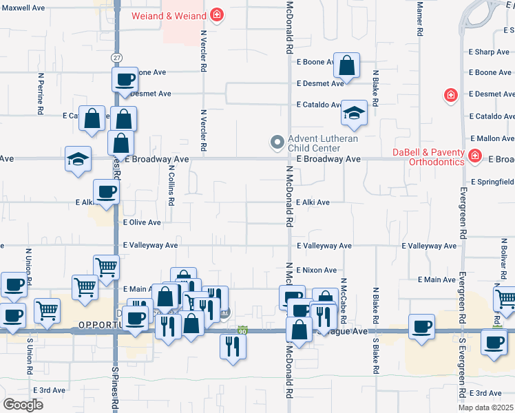 map of restaurants, bars, coffee shops, grocery stores, and more near 12912 East Alki Avenue in Spokane Valley