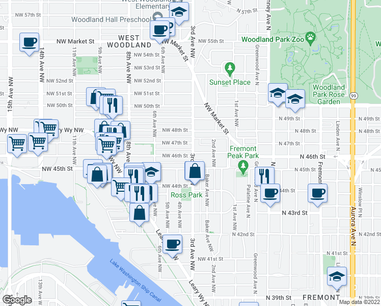 map of restaurants, bars, coffee shops, grocery stores, and more near 4603 3rd Avenue Northwest in Seattle