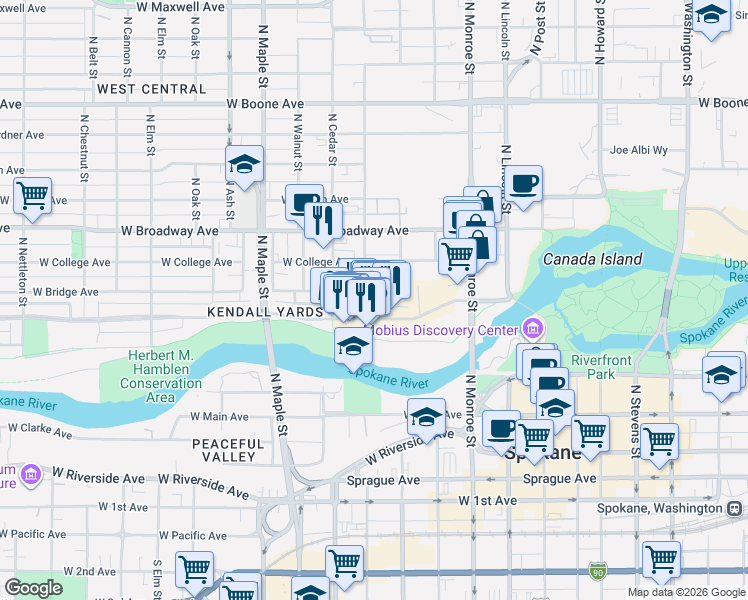 map of restaurants, bars, coffee shops, grocery stores, and more near 1202 West Ide Avenue in Spokane