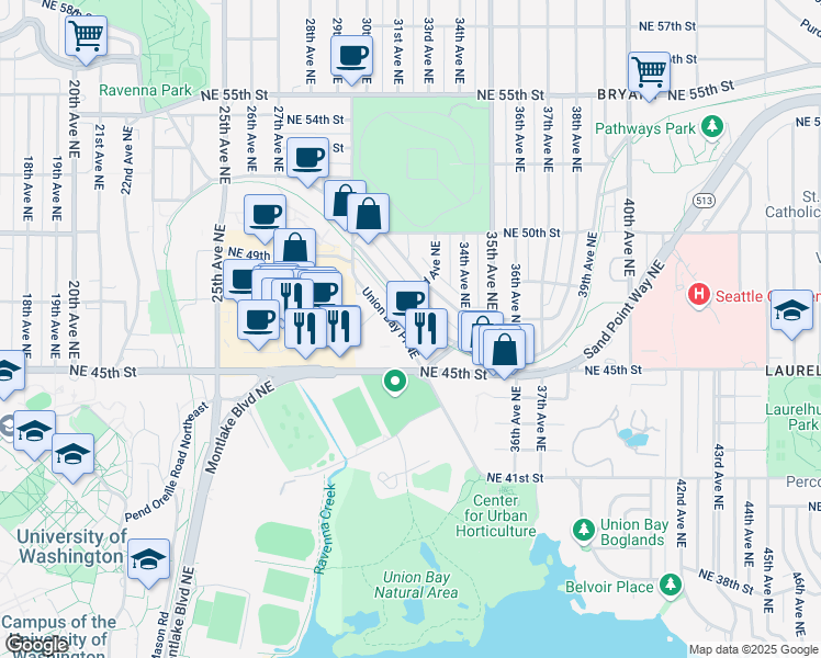 map of restaurants, bars, coffee shops, grocery stores, and more near 4540 Union Bay Place Northeast in Seattle