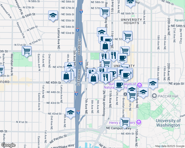 map of restaurants, bars, coffee shops, grocery stores, and more near 4544 7th Avenue Northeast in Seattle