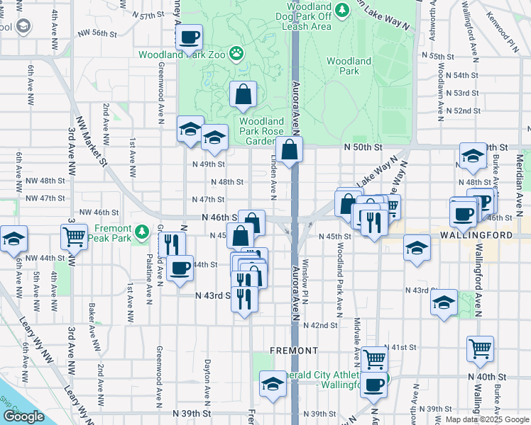 map of restaurants, bars, coffee shops, grocery stores, and more near 720 North 46th Street in Seattle