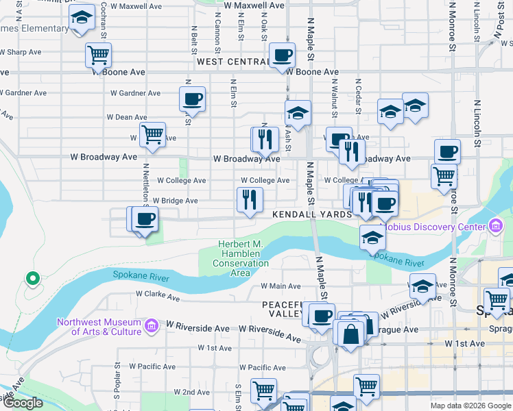 map of restaurants, bars, coffee shops, grocery stores, and more near 1843 West Bridge Avenue in Spokane