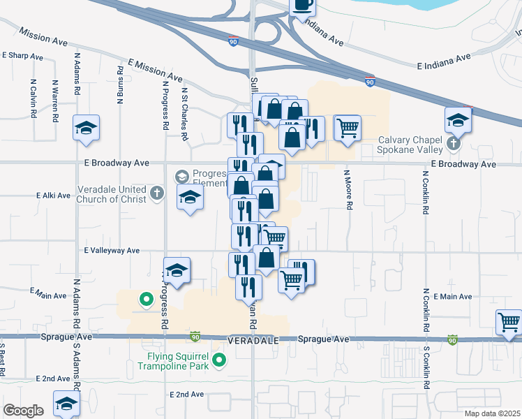 map of restaurants, bars, coffee shops, grocery stores, and more near 510 North Sullivan Road in Spokane Valley