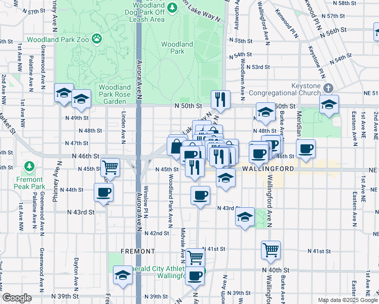 map of restaurants, bars, coffee shops, grocery stores, and more near 1212 N 46th St in Seattle