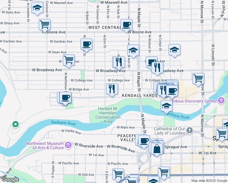 map of restaurants, bars, coffee shops, grocery stores, and more near 1833 West Bridge Avenue in Spokane