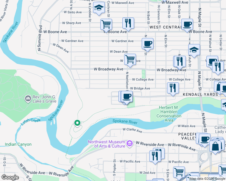 map of restaurants, bars, coffee shops, grocery stores, and more near 2432 West Summit Parkway in Spokane
