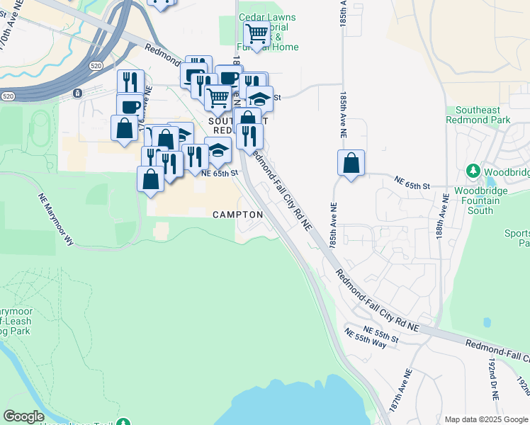 map of restaurants, bars, coffee shops, grocery stores, and more near 6335 East Lake Sammamish Parkway Northeast in Redmond