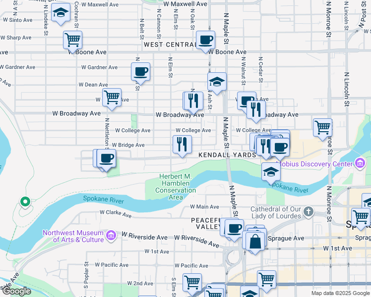 map of restaurants, bars, coffee shops, grocery stores, and more near 1843 West Bridge Avenue in Spokane