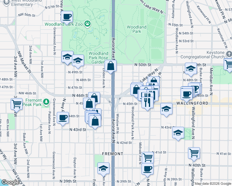 map of restaurants, bars, coffee shops, grocery stores, and more near 4605 Aurora Avenue North in Seattle