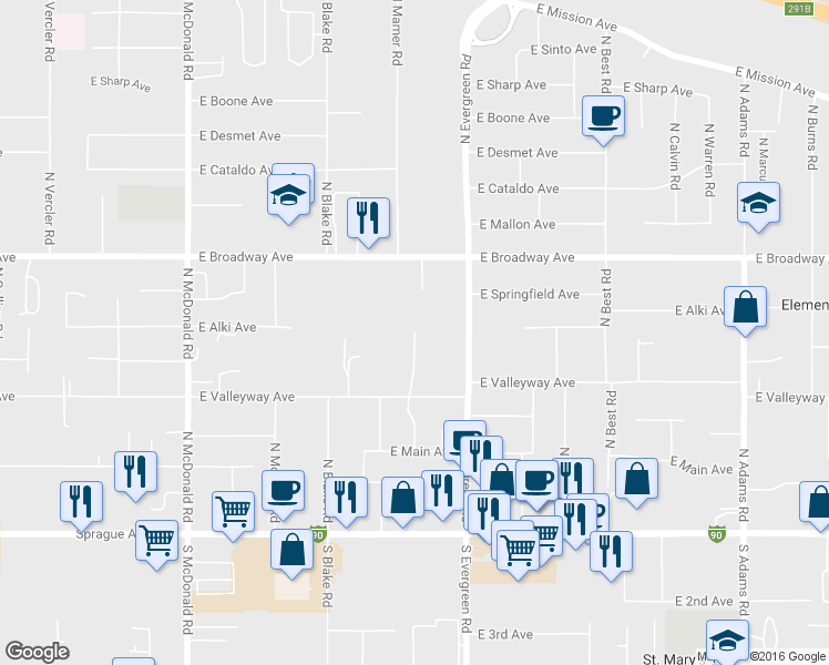map of restaurants, bars, coffee shops, grocery stores, and more near 718 North Mamer Road in Spokane Valley