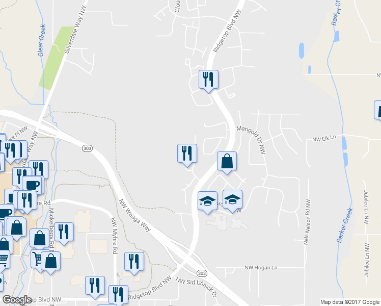 map of restaurants, bars, coffee shops, grocery stores, and more near 11129 Boardwalk Place Northwest in Silverdale