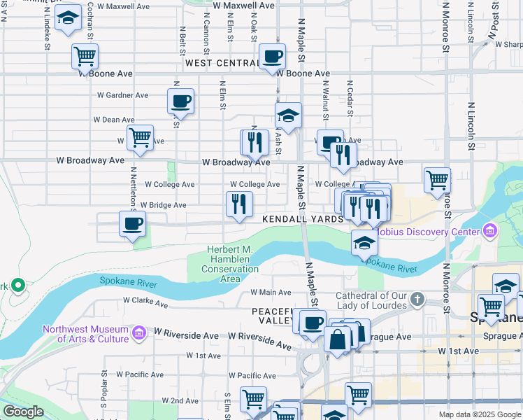 map of restaurants, bars, coffee shops, grocery stores, and more near 1807 W Bridge Ave in Spokane