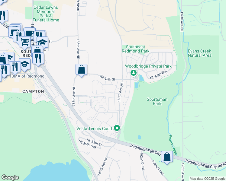 map of restaurants, bars, coffee shops, grocery stores, and more near 6205 188th Lane Northeast in Redmond