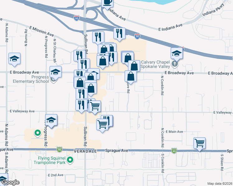 map of restaurants, bars, coffee shops, grocery stores, and more near 527 North Timberlane Road in Spokane Valley