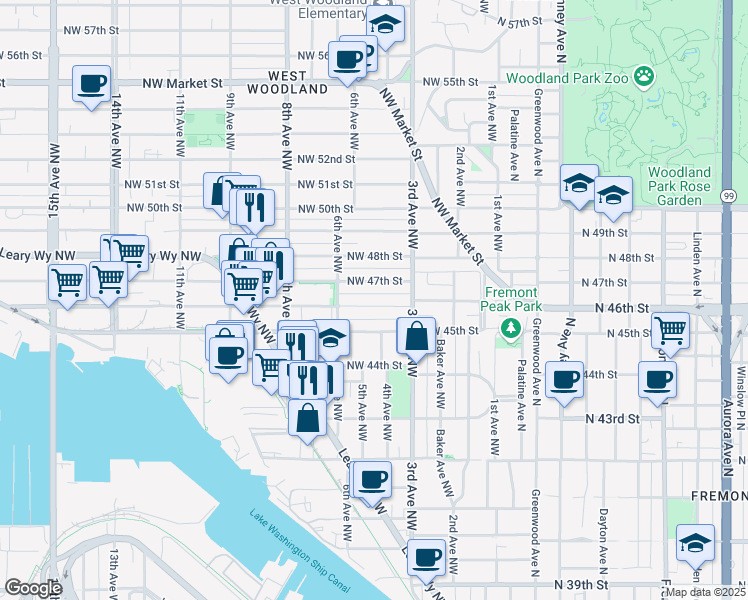 map of restaurants, bars, coffee shops, grocery stores, and more near 336 Northwest 46th Street in Seattle