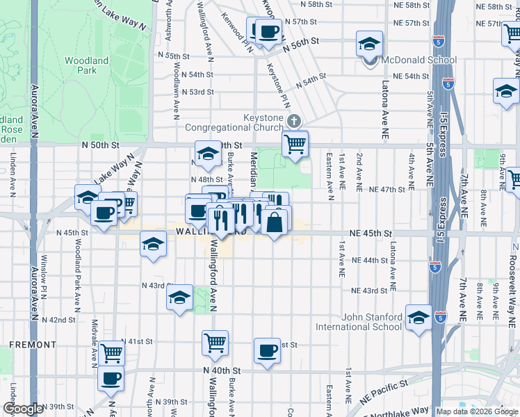 map of restaurants, bars, coffee shops, grocery stores, and more near 4607 Meridian Avenue North in Seattle