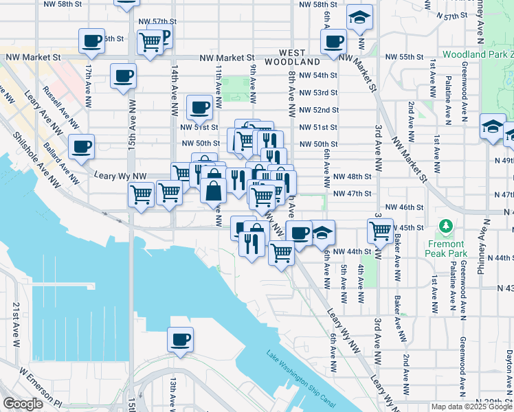 map of restaurants, bars, coffee shops, grocery stores, and more near 4601 Leary Way Northwest in Seattle