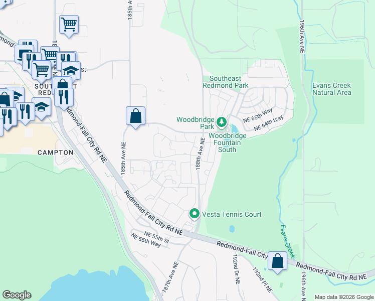 map of restaurants, bars, coffee shops, grocery stores, and more near 18680 Northeast 62nd Way in Redmond