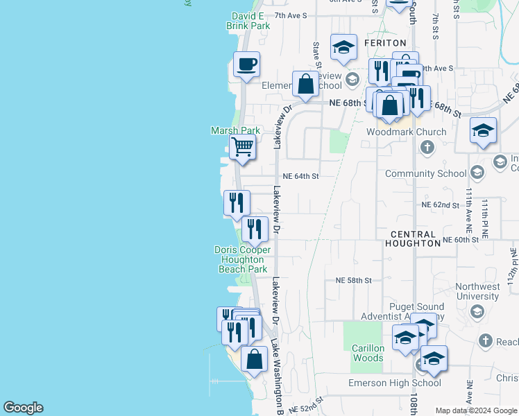 map of restaurants, bars, coffee shops, grocery stores, and more near 6210 Lake Washington Boulevard Northeast in Kirkland