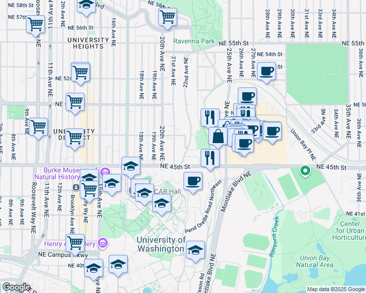 map of restaurants, bars, coffee shops, grocery stores, and more near 4616 22nd Avenue Northeast in Seattle