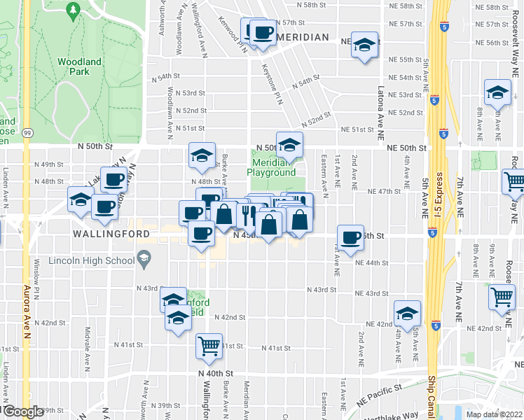 map of restaurants, bars, coffee shops, grocery stores, and more near 4534 Bagley Avenue North in Seattle