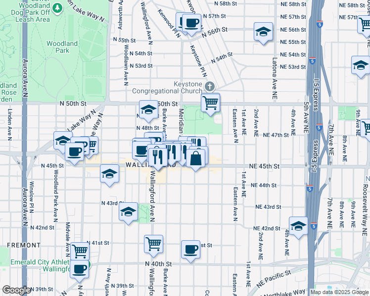 map of restaurants, bars, coffee shops, grocery stores, and more near 4607 Meridian Avenue North in Seattle