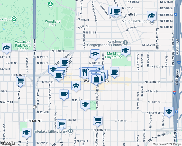 map of restaurants, bars, coffee shops, grocery stores, and more near 1716 North 46th Street in Seattle