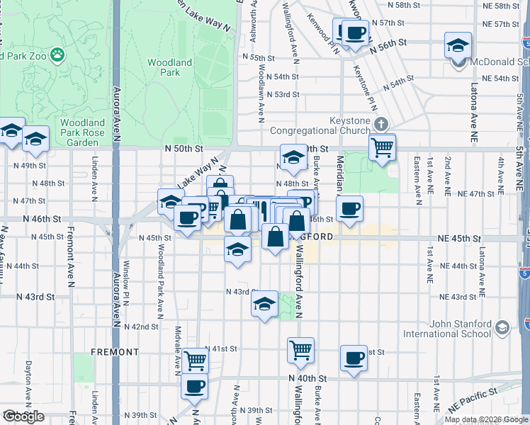 map of restaurants, bars, coffee shops, grocery stores, and more near 1616 North 46th Street in Seattle