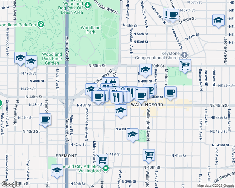 map of restaurants, bars, coffee shops, grocery stores, and more near 1416 North 46th Street in Seattle