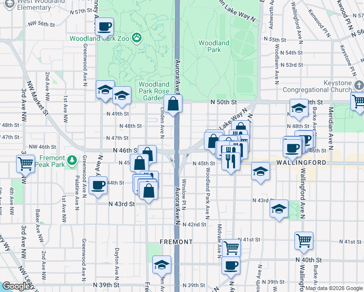 map of restaurants, bars, coffee shops, grocery stores, and more near 4605 Aurora Avenue North in Seattle