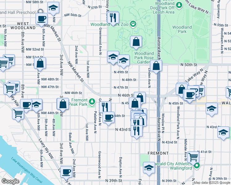 map of restaurants, bars, coffee shops, grocery stores, and more near 410 North 46th Street in Seattle