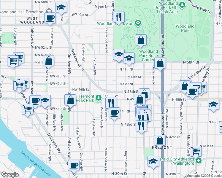 map of restaurants, bars, coffee shops, grocery stores, and more near 306 North 46th Street in Seattle