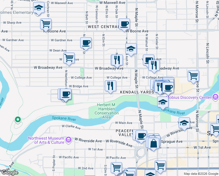 map of restaurants, bars, coffee shops, grocery stores, and more near 1843 West Bridge Avenue in Spokane