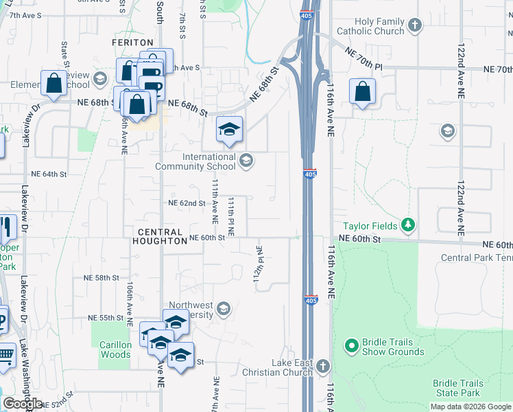 map of restaurants, bars, coffee shops, grocery stores, and more near 11209 Northeast 62nd Street in Kirkland