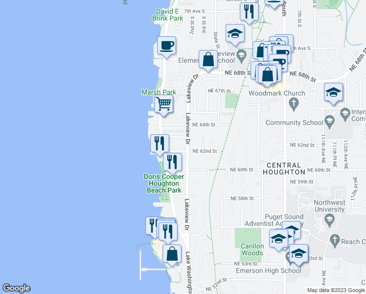 map of restaurants, bars, coffee shops, grocery stores, and more near 6202 101st Court Northeast in Kirkland