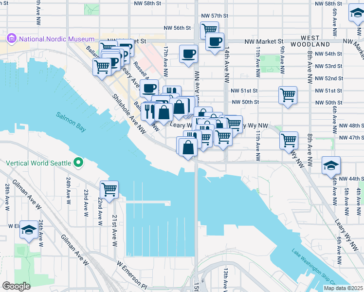 map of restaurants, bars, coffee shops, grocery stores, and more near 1525 Northwest Ballard Way in Seattle