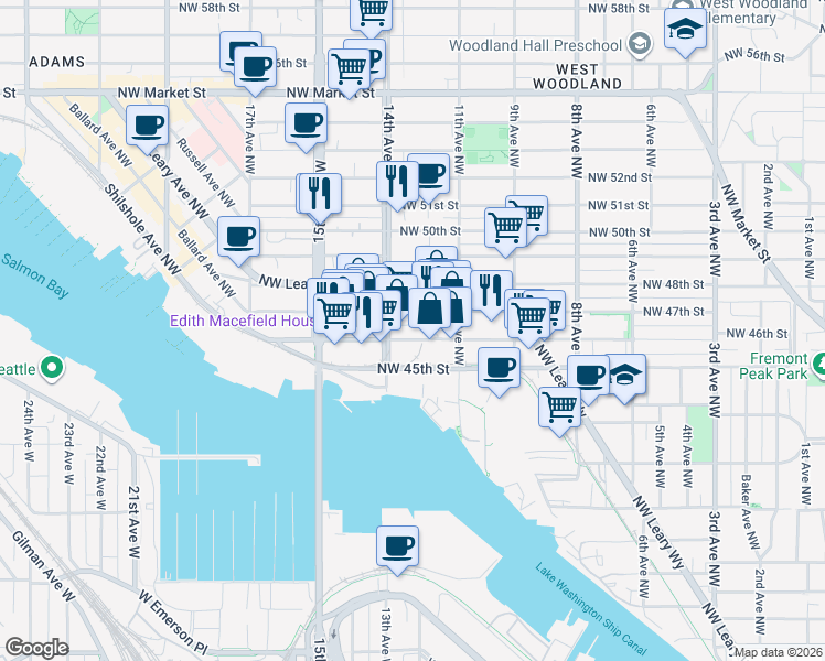 map of restaurants, bars, coffee shops, grocery stores, and more near 4604 14th Avenue Northwest in Seattle
