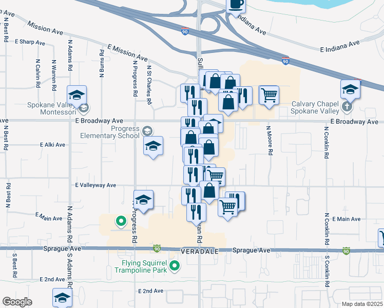 map of restaurants, bars, coffee shops, grocery stores, and more near 510 North Sullivan Road in Spokane Valley
