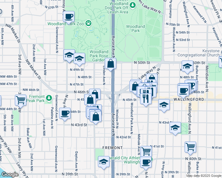 map of restaurants, bars, coffee shops, grocery stores, and more near 4605 Aurora Avenue North in Seattle