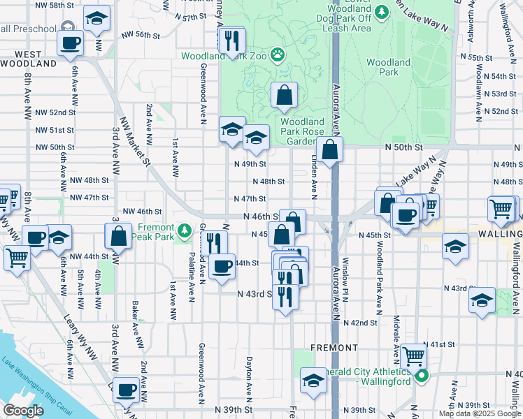 map of restaurants, bars, coffee shops, grocery stores, and more near 514 North 46th Street in Seattle