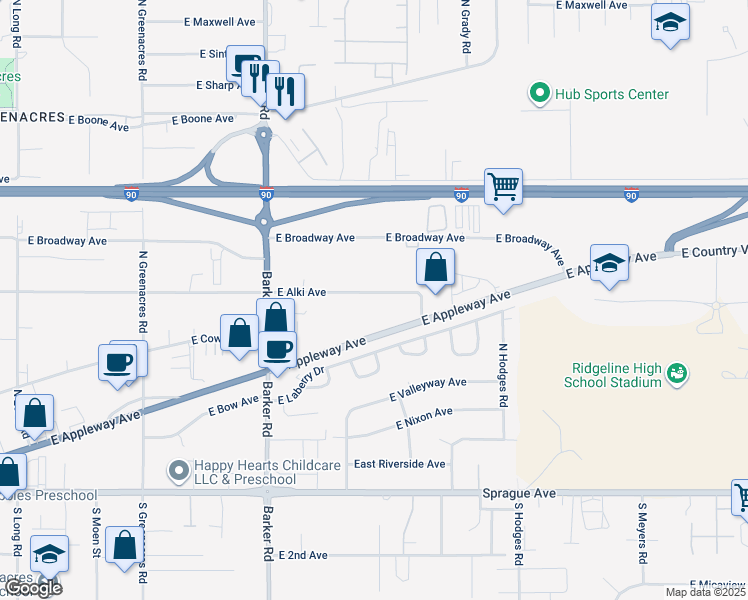 map of restaurants, bars, coffee shops, grocery stores, and more near 19020 East Alki Avenue in Spokane Valley