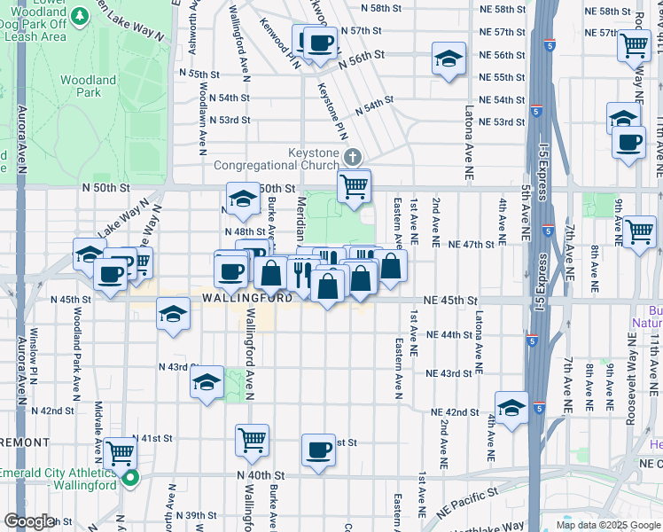 map of restaurants, bars, coffee shops, grocery stores, and more near 4534 Bagley Avenue North in Seattle