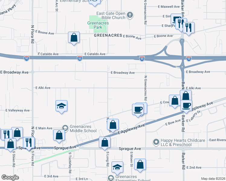map of restaurants, bars, coffee shops, grocery stores, and more near 17918 East Alki Avenue in Spokane Valley