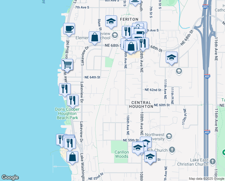 map of restaurants, bars, coffee shops, grocery stores, and more near 6212 104th Avenue Northeast in Kirkland
