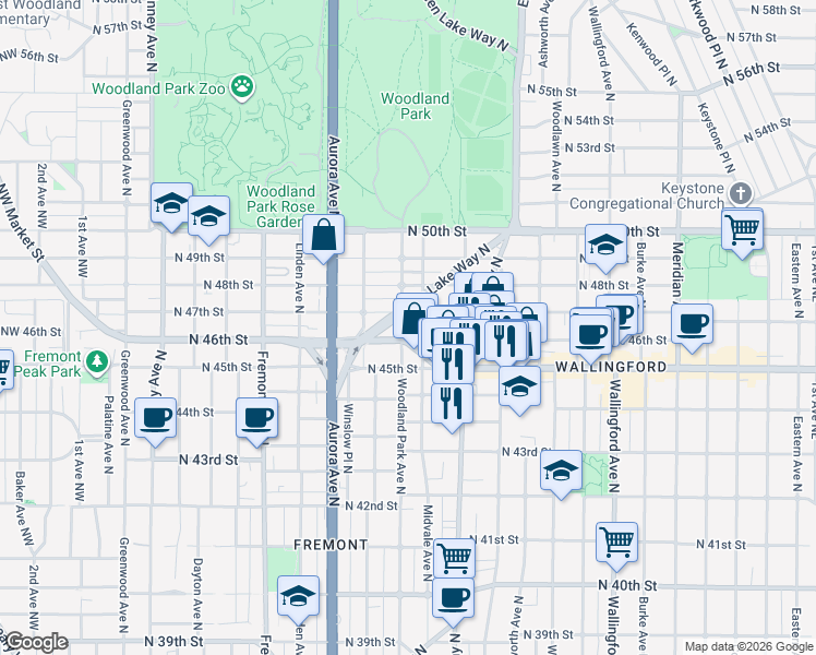 map of restaurants, bars, coffee shops, grocery stores, and more near 4610 Woodland Park Avenue North in Seattle