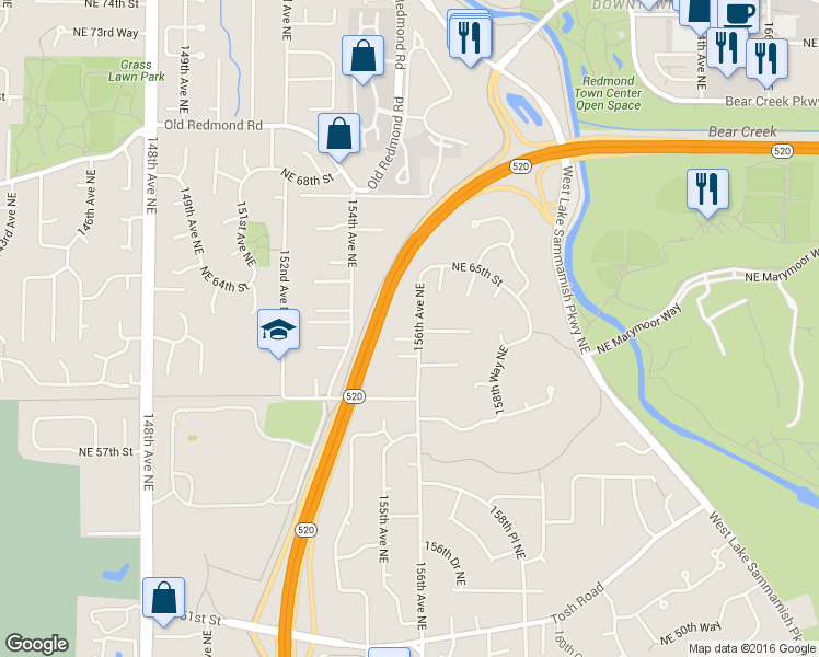 map of restaurants, bars, coffee shops, grocery stores, and more near 6203 156th Avenue Northeast in Redmond