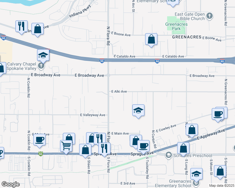 map of restaurants, bars, coffee shops, grocery stores, and more near 17204 East Alki Avenue in Spokane Valley